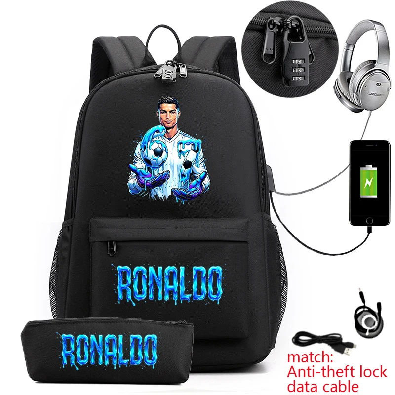 Cr7 Ronaldo 67 Print Anti-Theft Student Backpack with Pencil Case for Teenagers Kids School Daypack 3