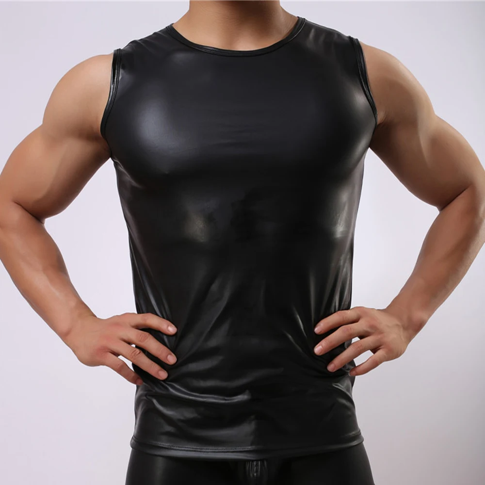 Description Picture 6 of itemMen Sport Fitness Bodybuilding Tanks 2022 Fashion Man Faxu Leather Sleeveless Tops Gym Singlet Undershirts Sport Pullover Tops
