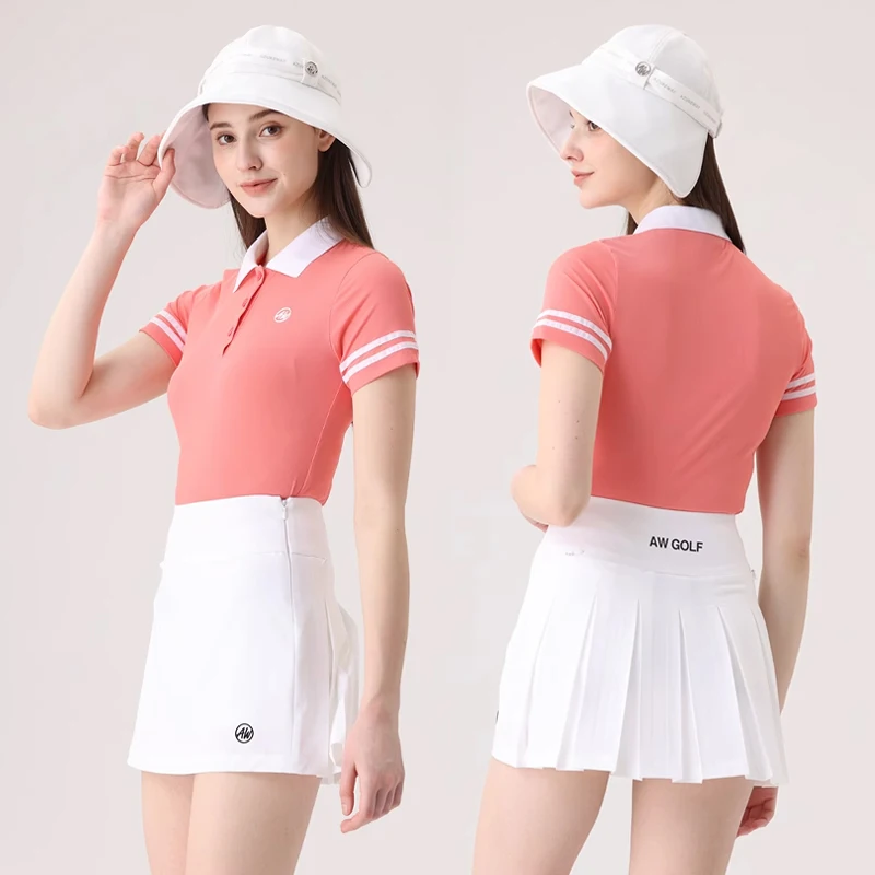Azurway Korean Golf Wear Women Summer Short Sleeve T-Shirt Polo Shirt Tops Sports High-waist Pleats Skirt Ladies Golf Set