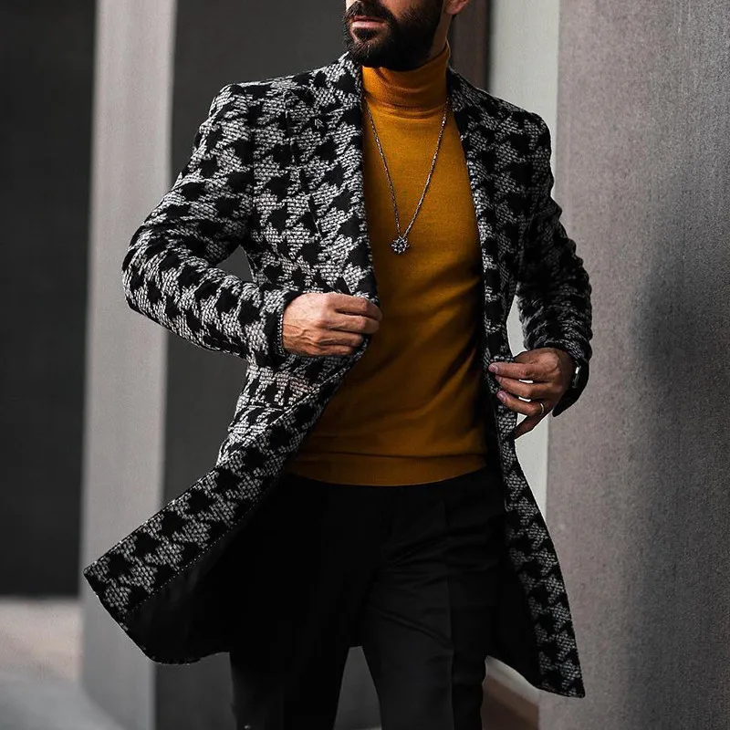 Men Retro Plaid Casual Suit Coat Lapel Double Breasted Loose Comfortable Mid Length Casual Fashion Slim Versatile Wind Coat
