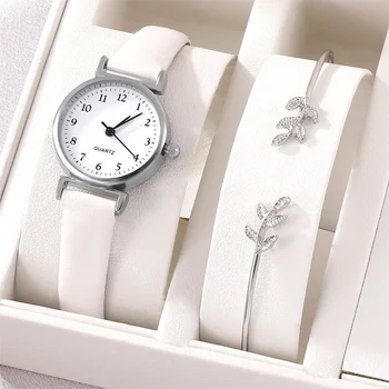 여성용 쿼츠 시계 팔찌 세트, 화이트 다이얼, 심플한 가죽, 럭셔리 여성용 시계, Montre femme