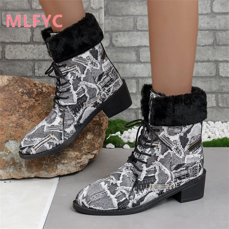 Women's Winter New Women's Lacing Comfortable PU Thick Sole Short Boots Ladies Boots Fashion Simple Round Head Short Boots