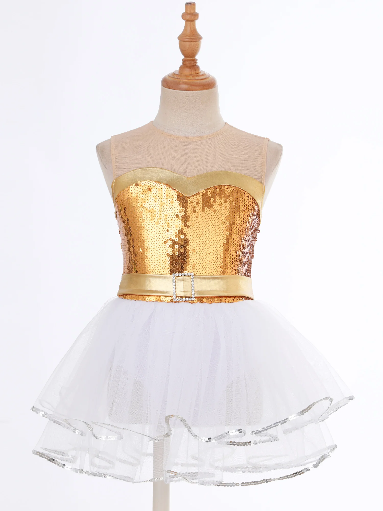 

Kids Girls Patchwork Sleeveless Ballet Dance Dress Round Neckline Hollow Back Shiny Sequins Tutu Mesh Dresses for Performance