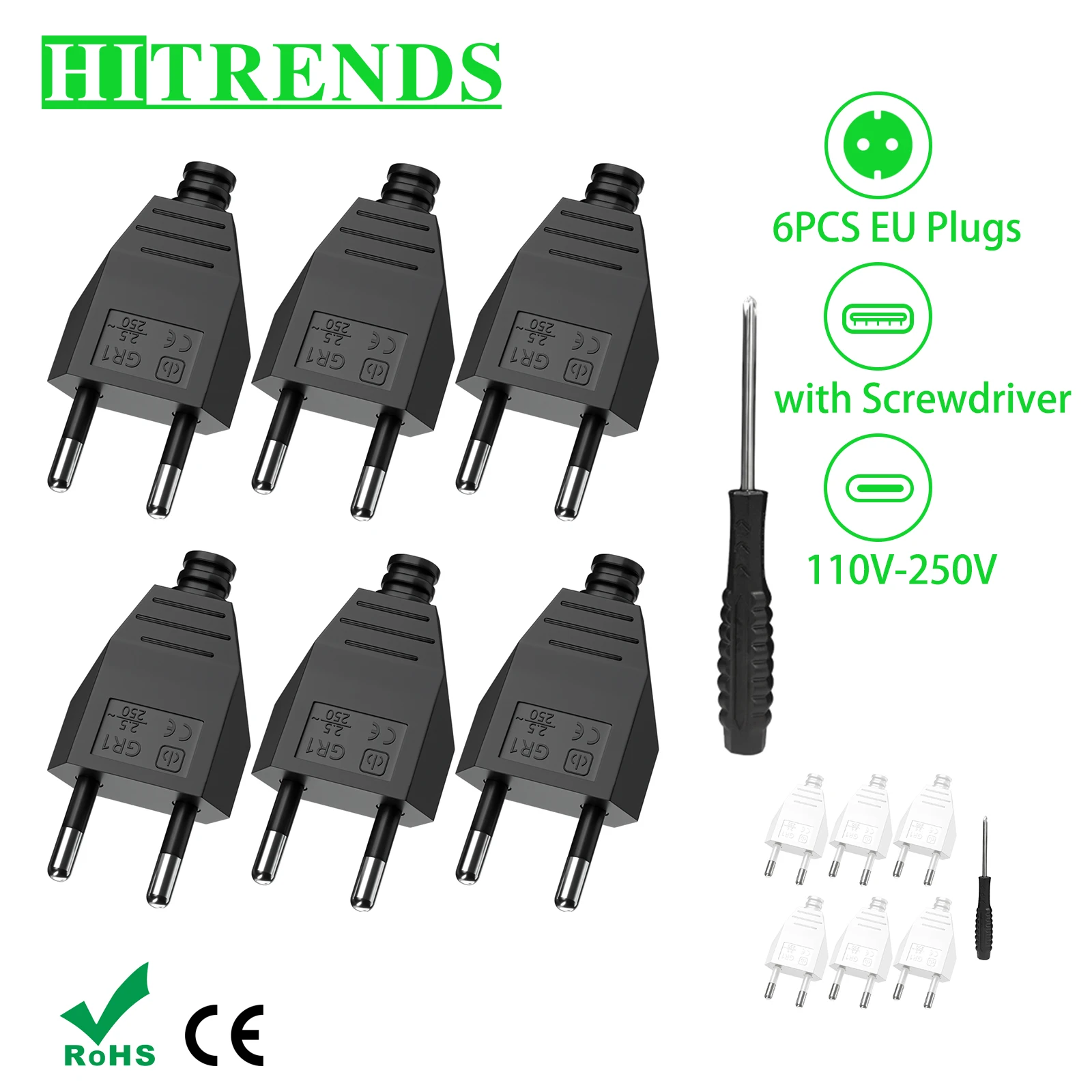 6/8PCS EU Electrical Plug Adapter Replacement Rewireable Outlets European 2 Pin Male Plug Power Socket Extension Cord Connector electrical plug adapter