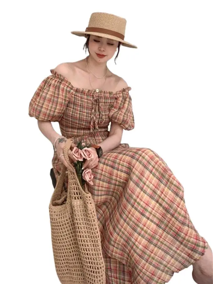 

2023 Spring French elegant puff sleeved plaid dress Korean Girl streetwaer vintage casual 100% cotton dress A-Line Robe Vestidos