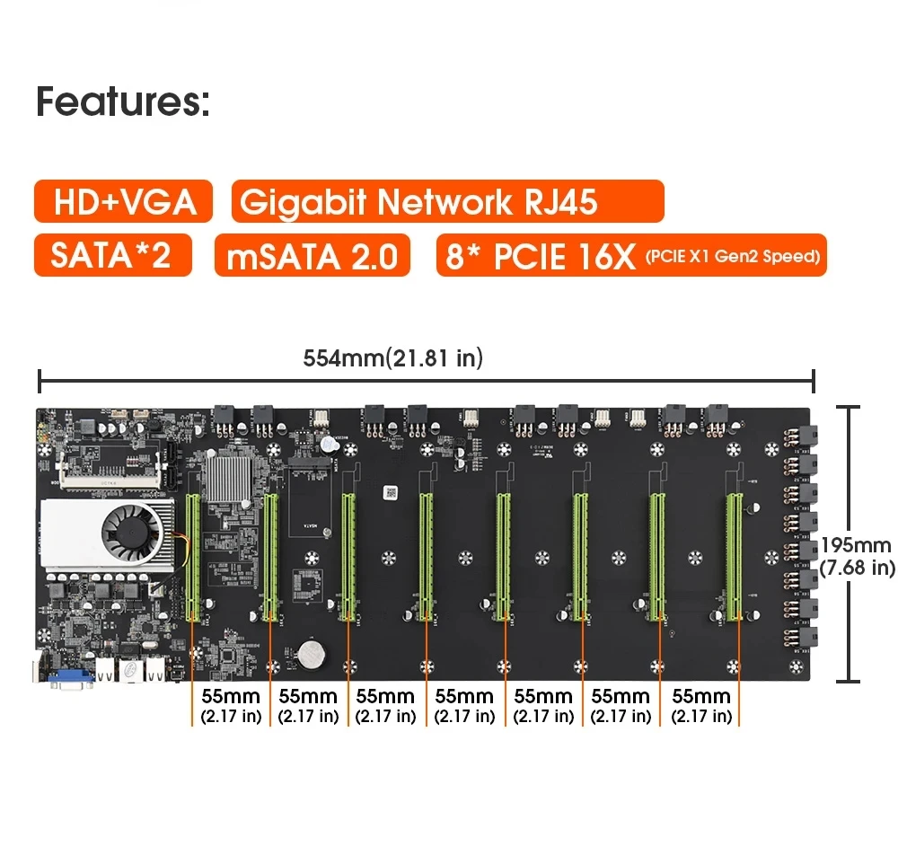 이더리움 비트코인 마이닝 마더보드, CPU 선풍기 및 8 GPU 슬롯, 슬롯 피치 55mm, DDR3 RAM 통합 VGA, 저전력 소비  - AliExpress
