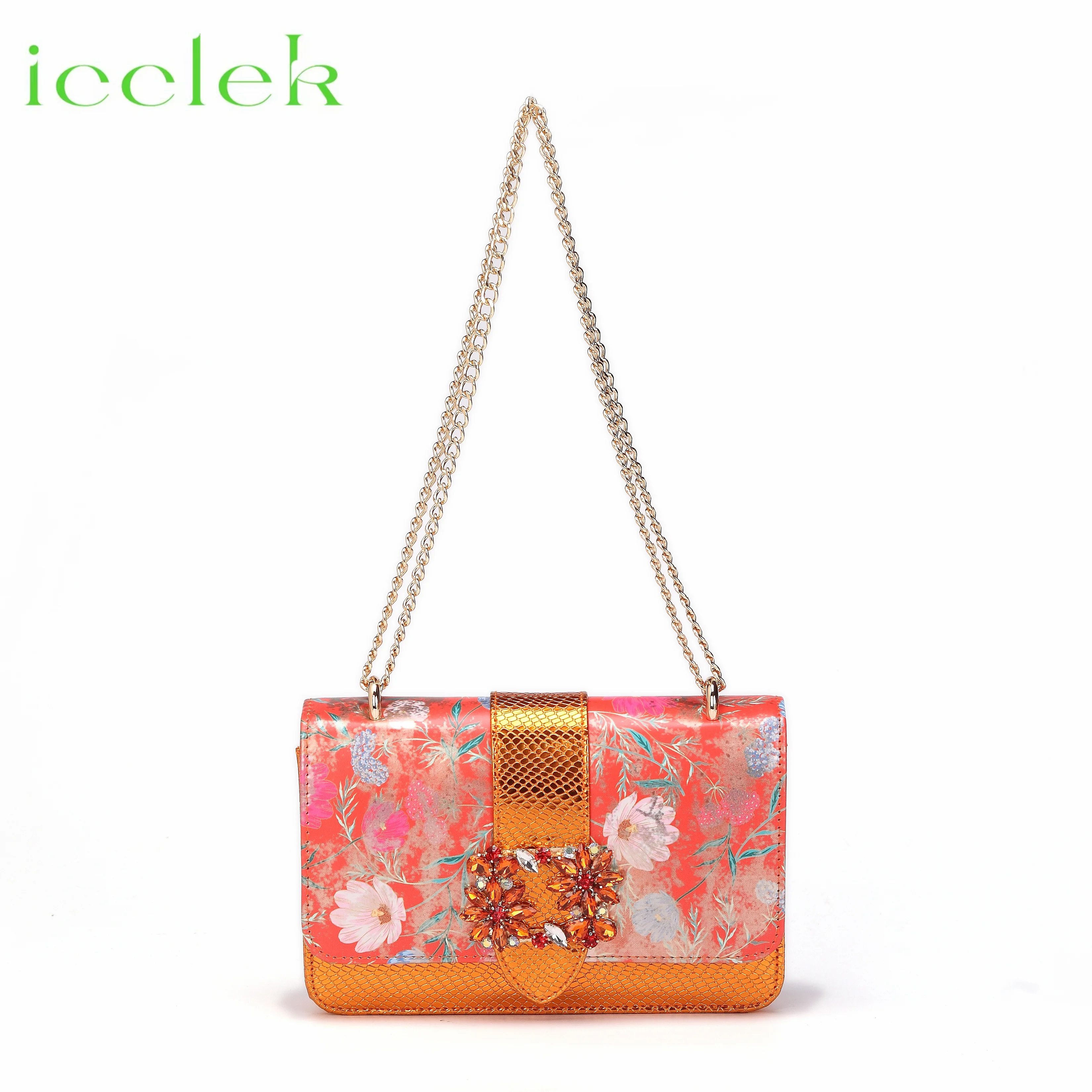 Women High Heels Sandals Printing Flower Material with Rhinestone Italian Design Coffee Color Pointed Toe Shoes and Bags Set