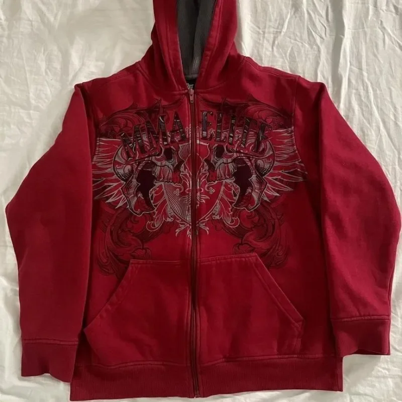 thumbnail image 1 of Suéter con capucha y cremallera para mujer, sudadera acolchada de terciopelo con estampado de patrón de Hip-Hop, estilo americano, Y2K, tendencia de moda urbana, novedad, 1 of 2