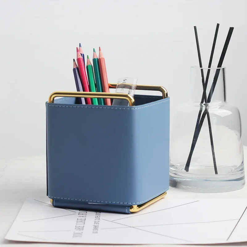 

Nordic INS Creative Leather Pen Holder Electroplating Iron Art Desktop Makeup Brush Living Room Remote Control Storage Box