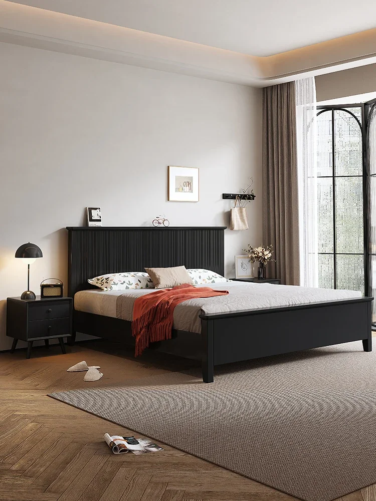 

Nordic solid wood bed black picture bed double modern simple backrest two-meter large bed master bedroom storage