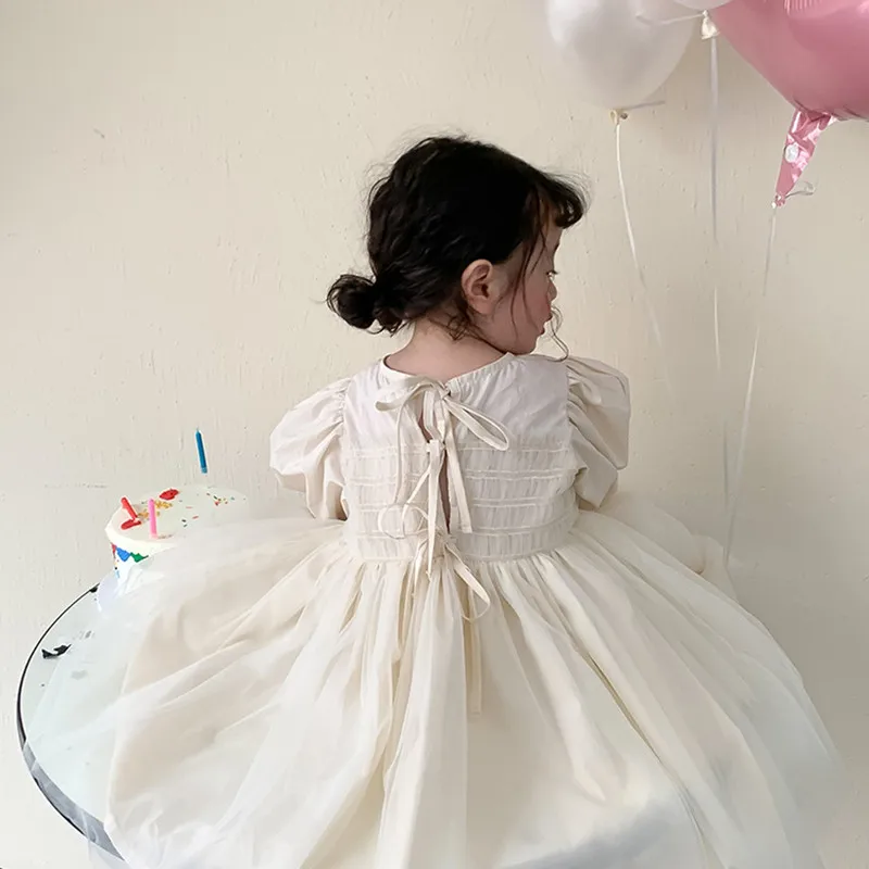 

2022 Spring New Korean Style Baby Girls Princess Dresses Puff Sleeve Solid Color Ball Gown Toddlers Kids Party Dress