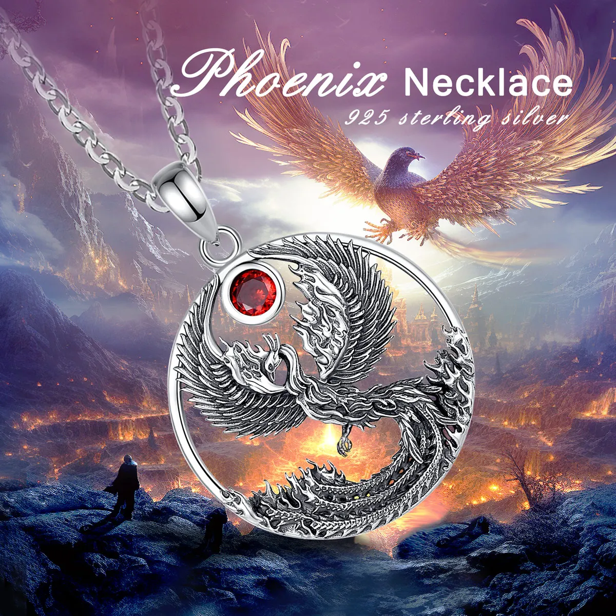Eudora Real 925 Sterling Silver Phoenix Neckalce for Women Man Vintage Sun Phoenix Pendant