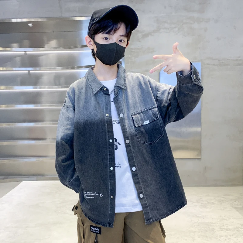 루즈 스타일 그레이 그라데이션 데님 셔츠, 소년 캐주얼 긴팔 블라우스, 십대 어린이 패션 용수철 의류, 겉옷 5-14Y