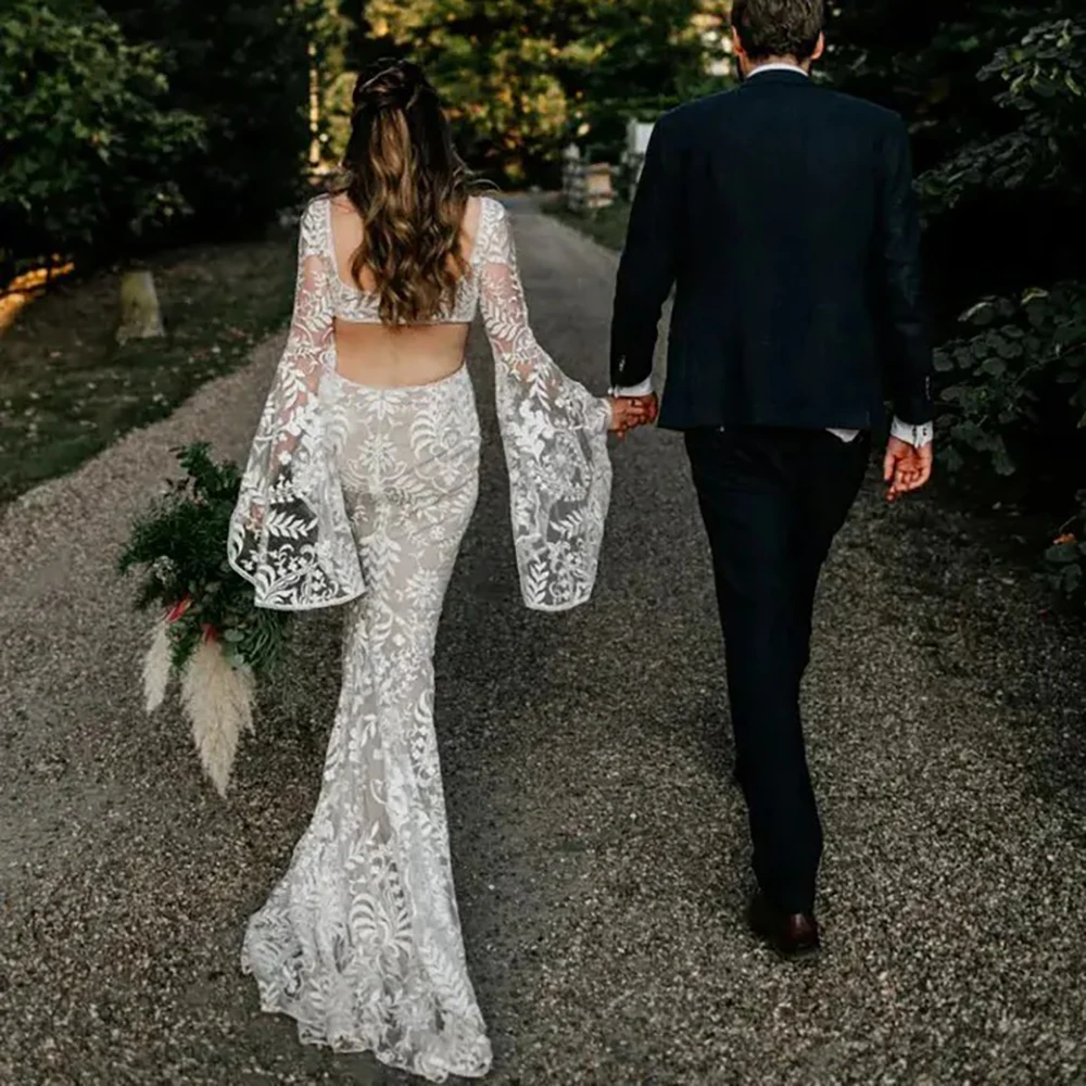 Wedding Dresses Boho Long Batwing Sleeves Lace Wedding Dress Made Mermaid Rustic Beach Square Neck Open Back Bridal Gowns