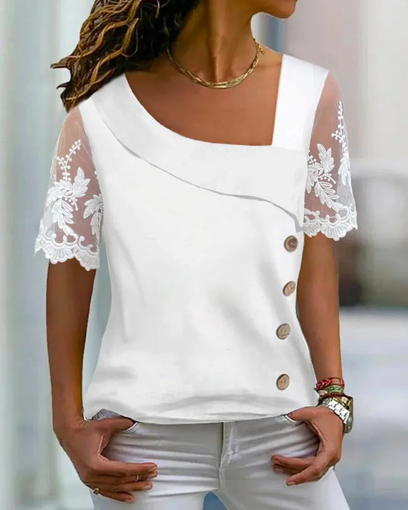 

Asymmetrical Neck Buttoned Lace Patch Blouse Women Solid Color Short Sleeve T Shirt Top Sexy Summer Spring Blouses