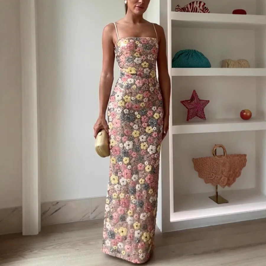 Summ Women Flowers Sequin Patchwork Slim Party Long Dress Strapless Fashion Maxi Dress, Sexy Sleeveless Ladies Dress Vestidos 2