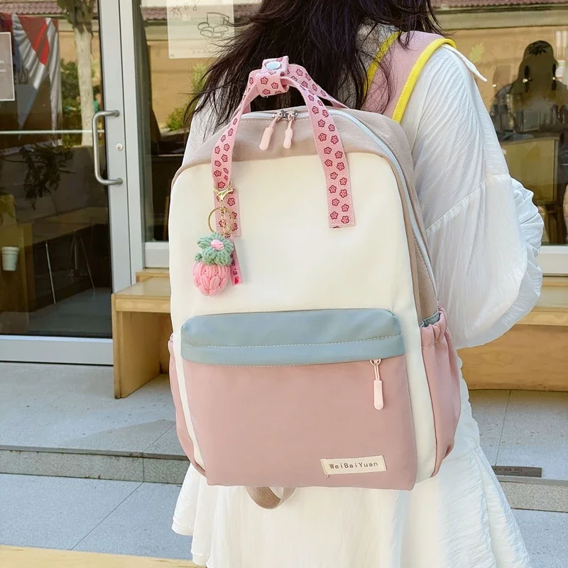 Cute Colorblock Waterproof Nylon Schoolbag Large Capacity Zipper Backpack 2024 Hot Sale Bags for Girls Mochila Bolsas Femininas 3