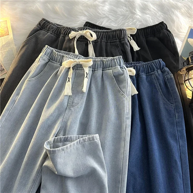Elastic Waist Japanese Style Light Jeans Men's Autumn/Winter Loose Fit Straight Leg Plus Size Trousers High Street Trendy denim pants,denim trousers,men trousers