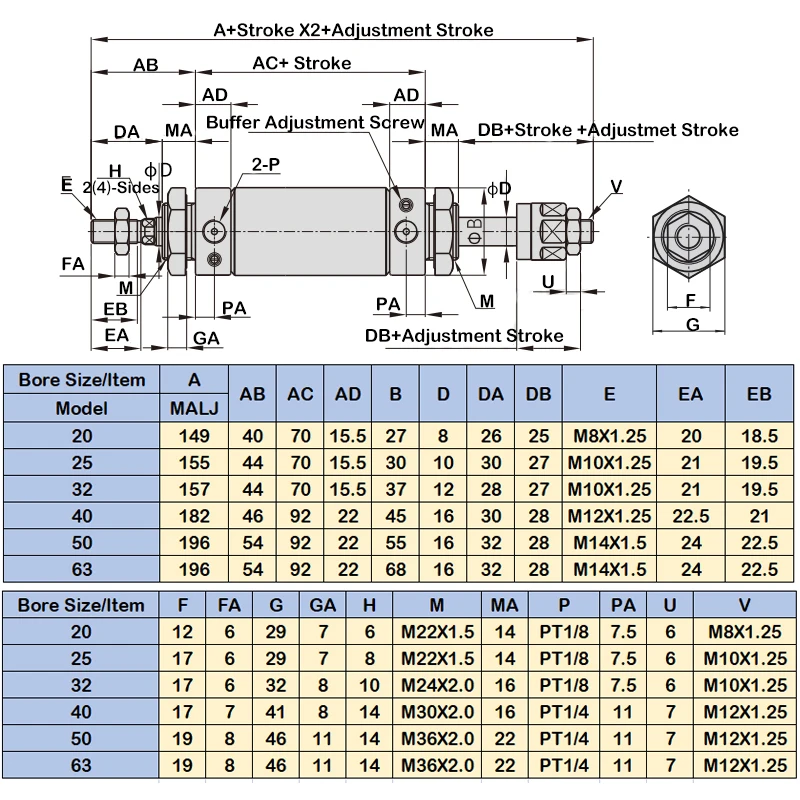 Yüksek kaliteli pnömatik silindir MALJ serisi inme ayarlanabilir küçük Mini  silindir MALJ16/20/25/32/40X25*50X75X100X125X150X200-50 - AliExpress