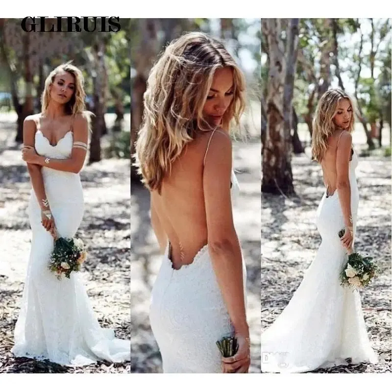 

Белое кружевное свадебное платье с открытой спиной в стиле бохо, 2022, летние пляжные свадебные платья-русалки на бретелях-спагетти с V-образным вырезом, платья для невесты