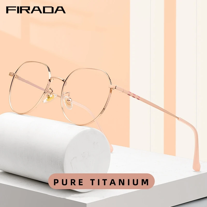 FIRADA 2023 Mode Luxus Brillen Damen Retro Runde Titan-Brillengestelle Optische Korrekturbrillenfassung Damen 2084H