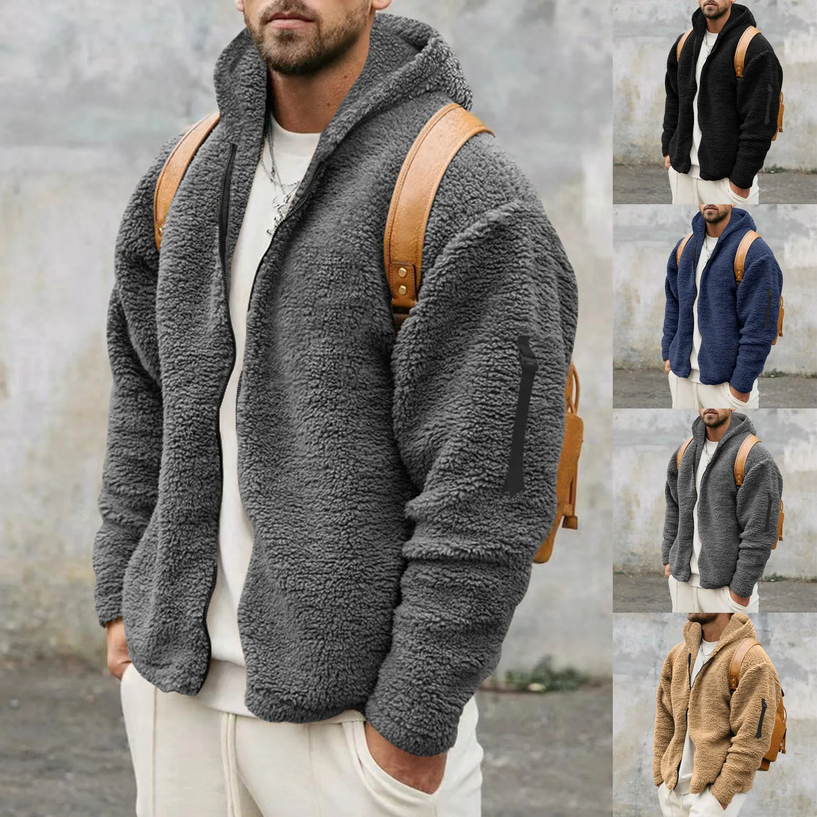 

2023 Autumn Winter Men Fuzzy Fleece Coat Fashion Solid Color Long Sleeve Warm Hoodie Casual Mens Zipper Sweatshirt Outwear куртк