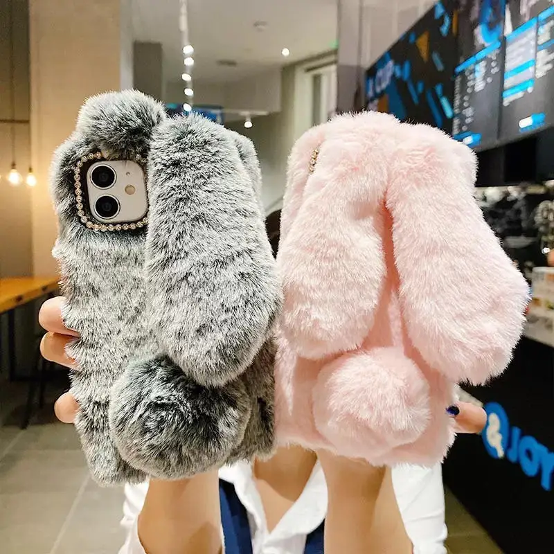 3D Cute Bunny Fur Phone Case For Funda iPhone 15 Pro Max Fluffy