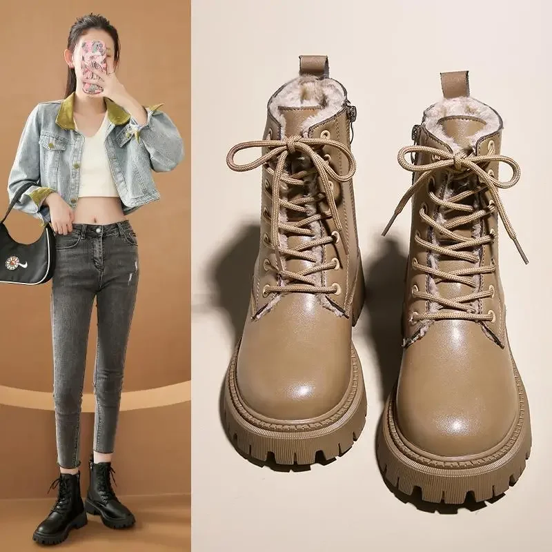 

Зимние женские туфли для мам среднего возраста обувь на массивном каблуке для девушек 50 лет плюшевые кожаные туфли ботинки для девочек Женская обувь с мягкой подошвой Boo