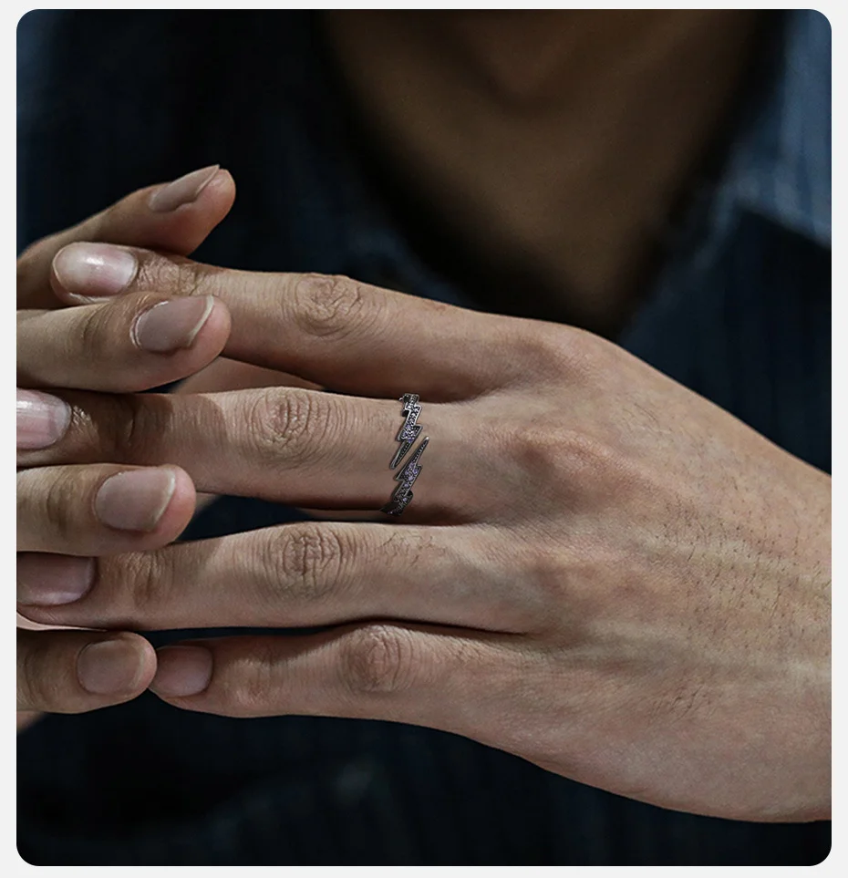 Vnox Gothic Black Lightning Offener Ring für Männer und Frauen, stilvolles Fingerband mit lila kubischen Zirkonsteinen, verstellbarer Modeschmuck – Detail 4