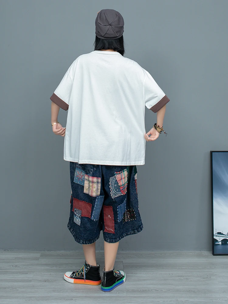 여성용 핸드 자수 스티커 천, 스플릿 데님 와이드 레그 팬츠, LX1441