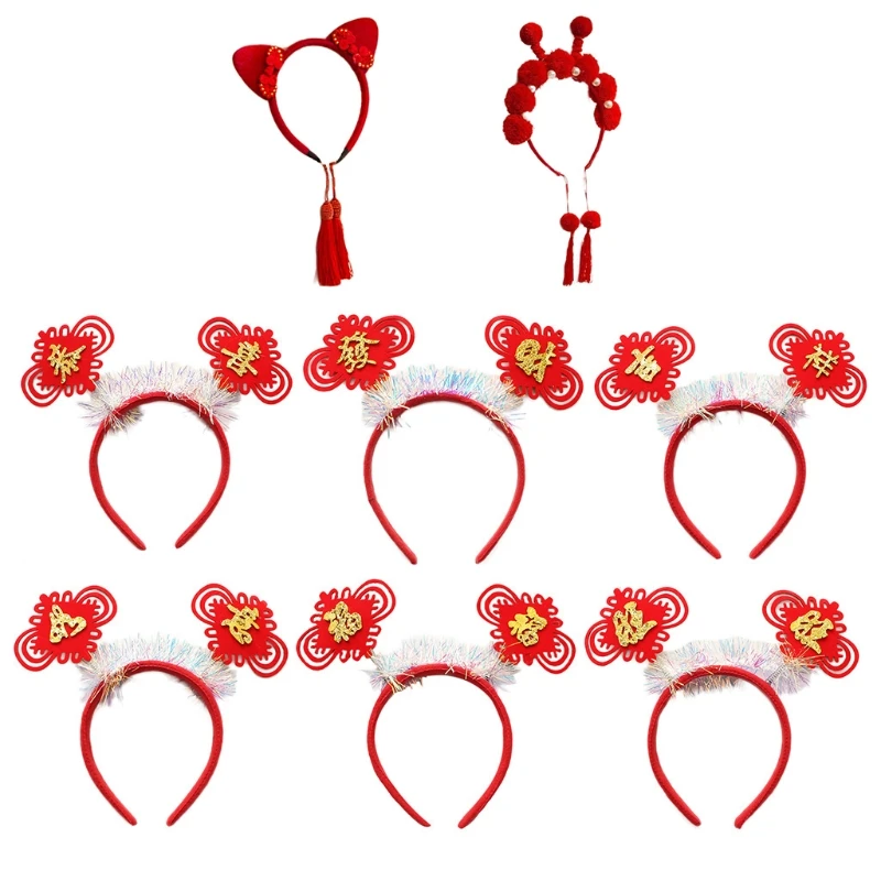 

Chinese Children Girls Red Headband Knot Hanfu Tassels New Year Festive Hair Hoop Bowknot Holiday Party Hair Accessories