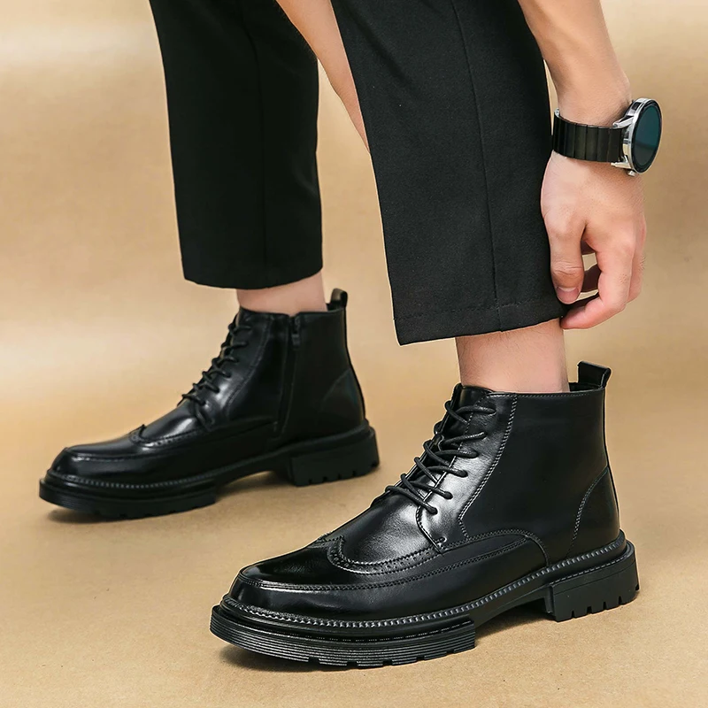 Brogue Black short men's boots Fashionable versatile gentleman style Business Office Daily Outdoor Leisure Party Adult shoes