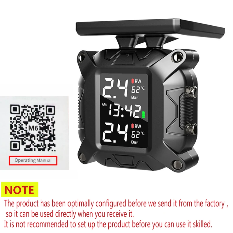 TPMS Solar Power Motorcycle Tire Pressure Tyre Temperature Monitoring Alarm System Real-time Monitoring With 2 External Sensors