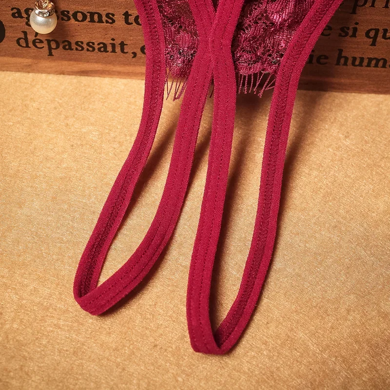 Women Panties Erotic Transparent Hollow Out Pearl Lingerie Ultra-Thin G-String Floral Lace Thongs