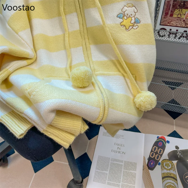 Spring Autumn Casual Cartoon Embroidery Striped Hooded Sweater Women Sweet Knitted Cardigan Coat Japanese Girls Loose Knitwear 6