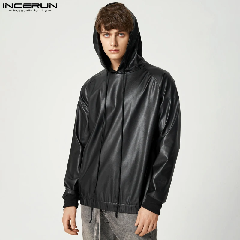 American Style New Men Tops INCERUN Stylish Reflective Leather Hooded
