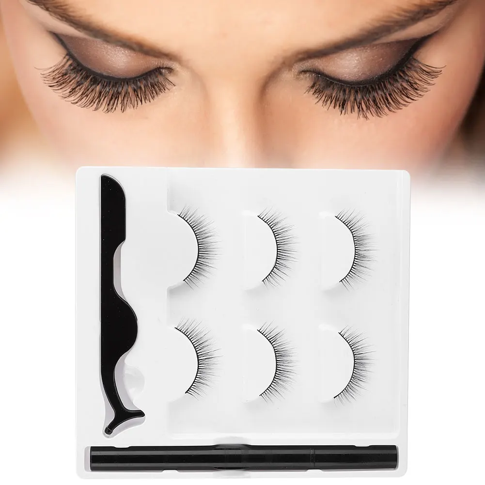 3Pairs Fashion Magnetic False Eyelashes Waterproof Magnetic Eyeliner Pen Tweezers Portable Natural Eyelashes Makeup Set Eyelash