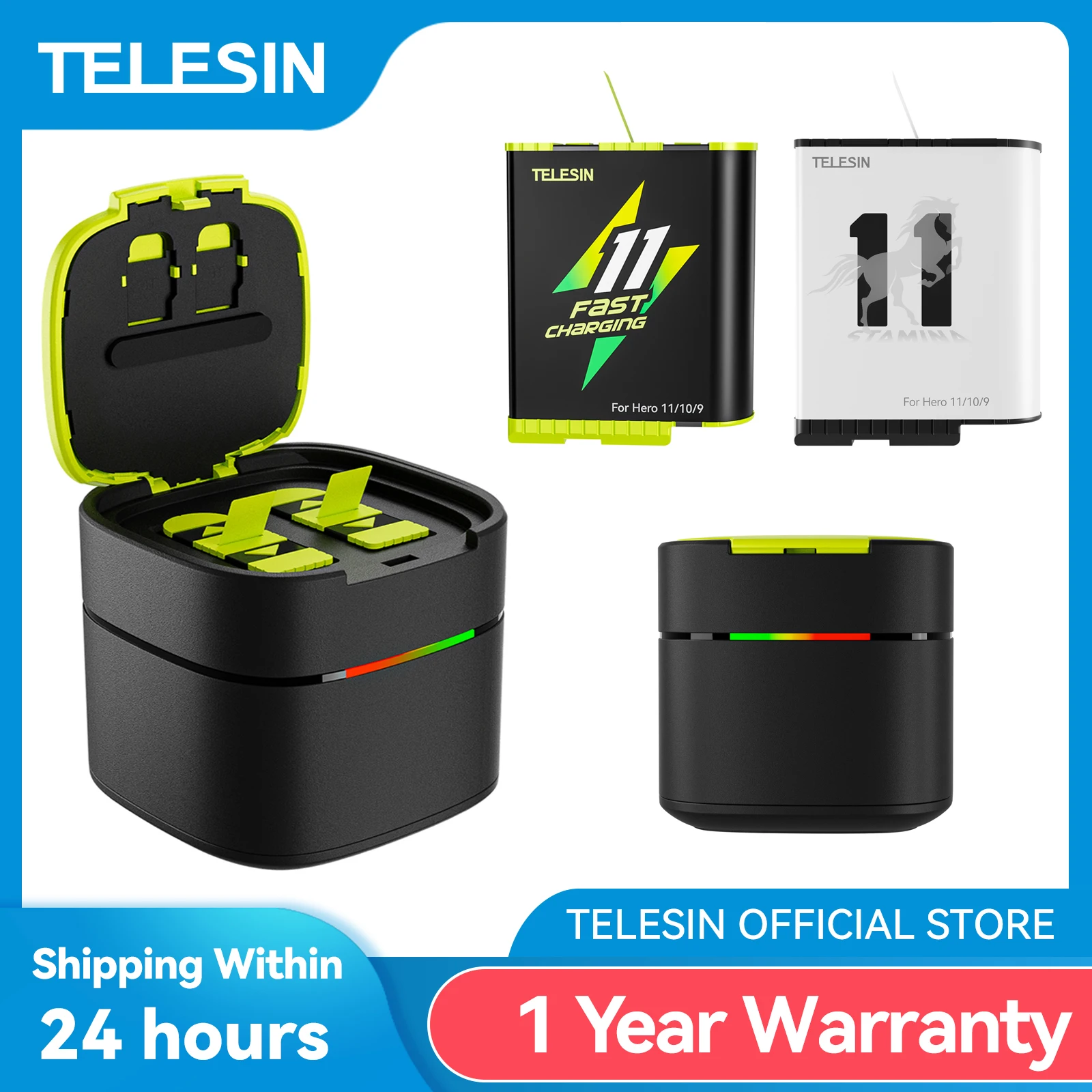 TELESIN-Batería Para GoPro Hero 12, 11, 10, 9, 1750 mAh, cargador rápido de  3 vías, caja de almacenamiento de tarjeta TF, accesorios para GoPro 12 10