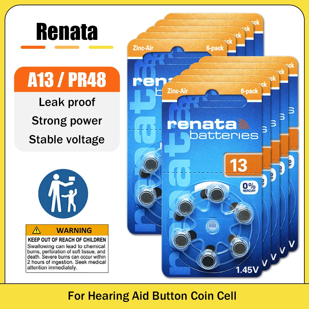 60pcs 10packs Original Renata A13 Pr48 1.45v 305mah Zinc Air Battery