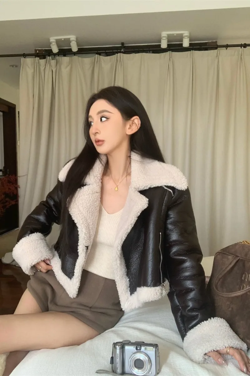 여성용 양털 패치워크 PU 가죽 재킷, 모피 칼라 짧은 재킷, 루즈핏 긴팔 봄버 코트, 겨울 신상