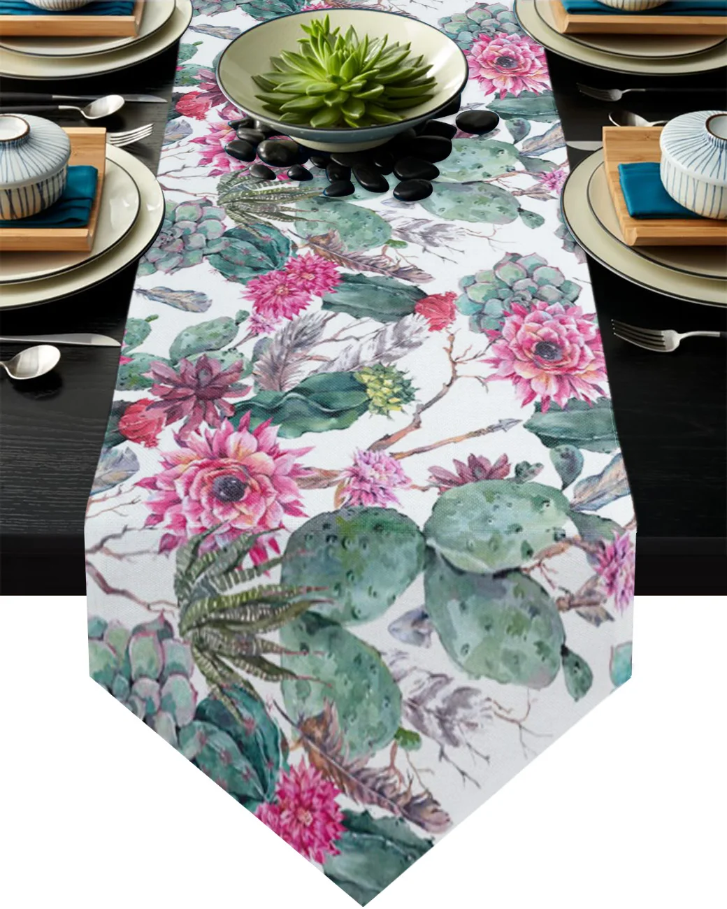 

Tropical Plant Green Cactus Flower Modern Table Runner Home Decor Wedding Party Decoration For Hotel Banquet Tea Table Cloth