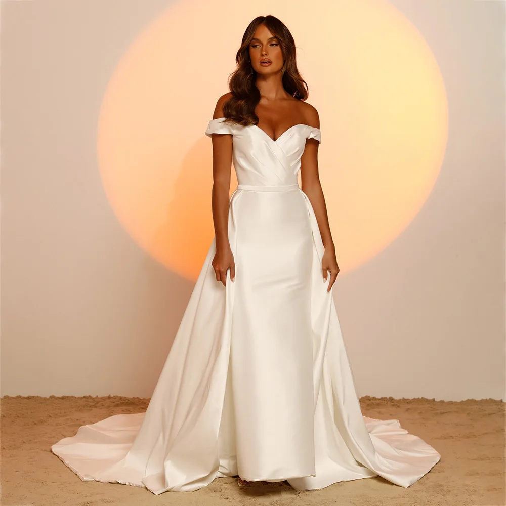 

UETEEY Satin Wedding Dress Elegant Off Shoulder V-Neck Weeding Party Gowns 2022 Charming Sleeveless Modern Bridal Dresses
