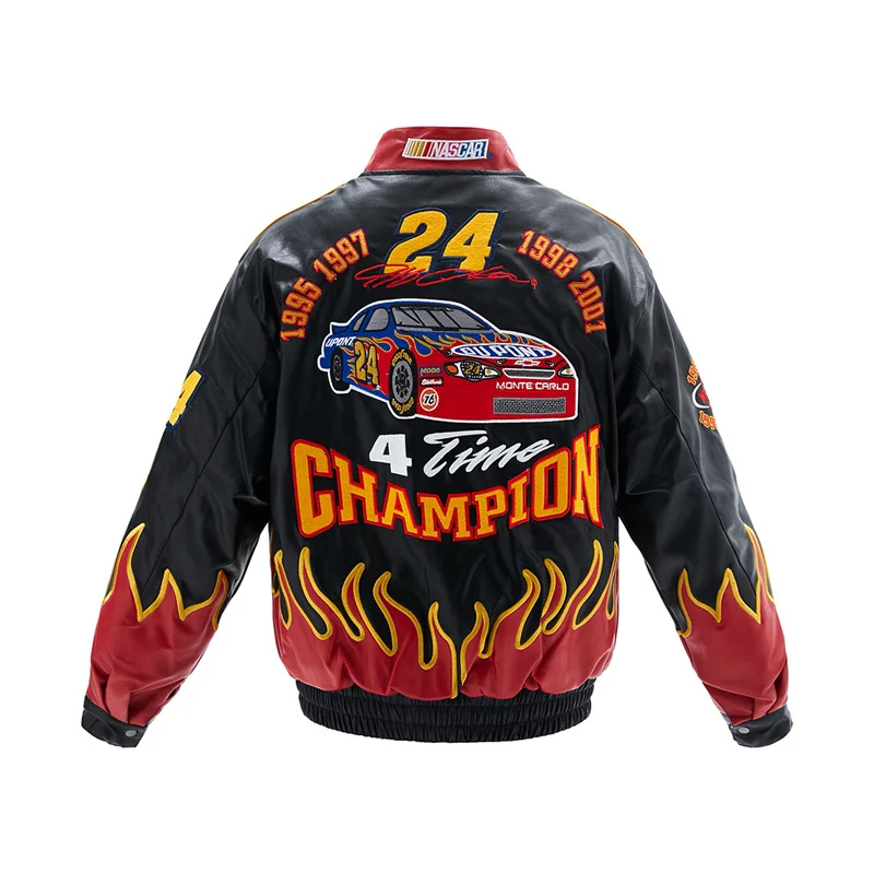 

2023ss New Retro High Street Flame Embroidery Motorcycles Racing Clothing Style Bomb Leather Jacket Ins Exploded