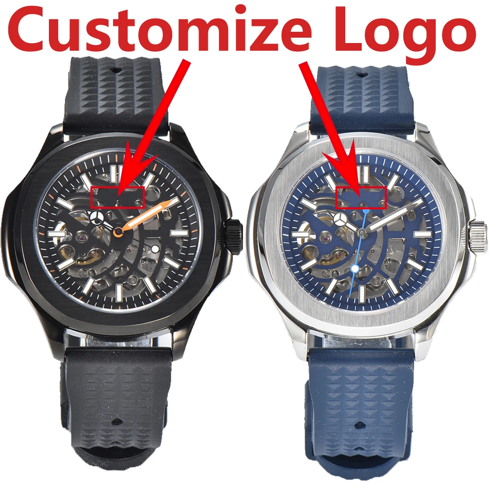 

Мужские автоматические механические часы-скелетоны с логотипом на заказ NH70A, светящийся сине-зеленый циферблат, сапфировое стекло, Водонепроницаемость 10 бар