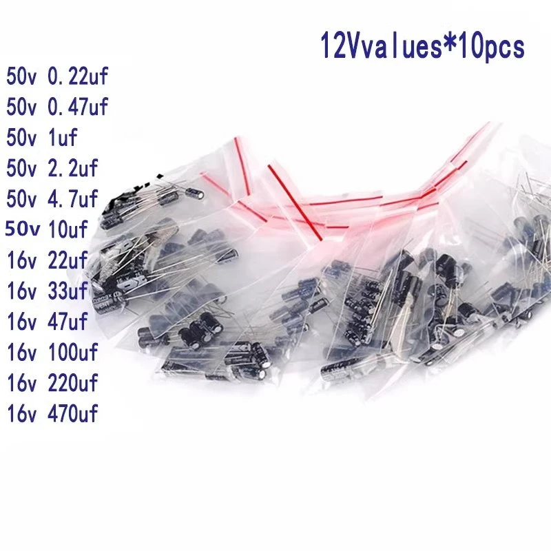 

Commonly used 12 kinds of values ​​0.22uf-470uf electrolytic capacitor pack, a total of 120 in-line aluminum shell capacitors