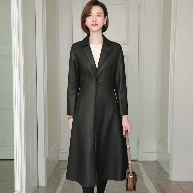 

Genuine Leather Coat Women's Long Style autumn and winter New Slim Fit Sheepskin Windbreaker Fashion Single Leather Coat2023