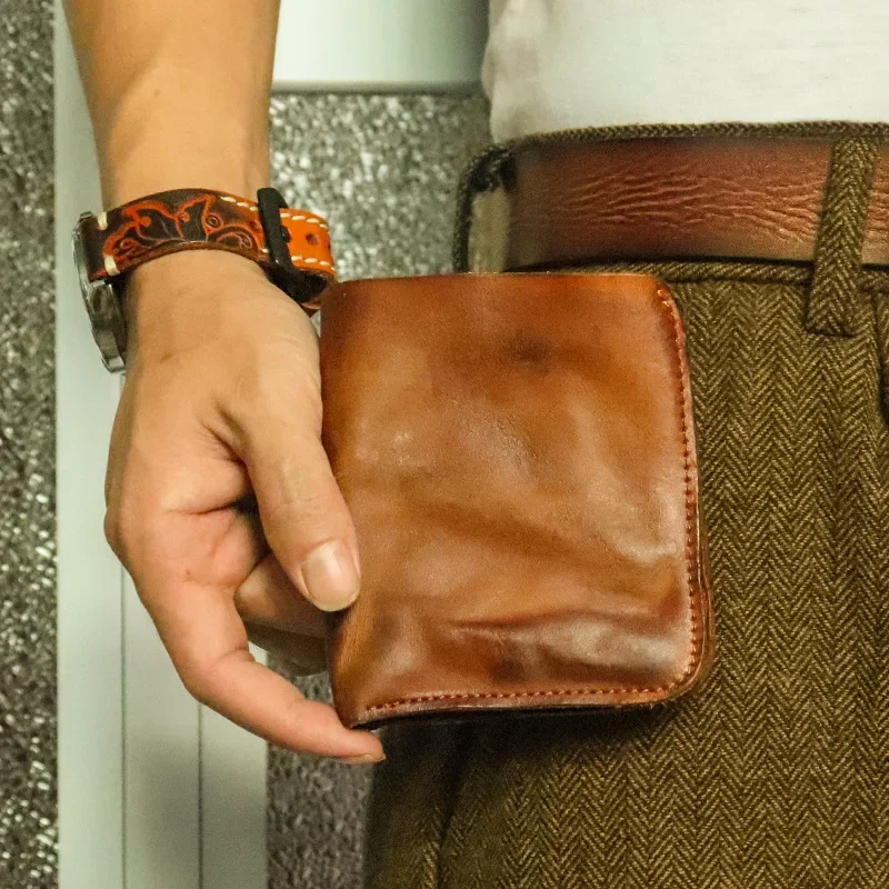

Leather Vintage Mens Wallets Durable Tan with Zip Coin Pocket 100% Cow Leather Retro Small Money Bag Handmade Wallet Men