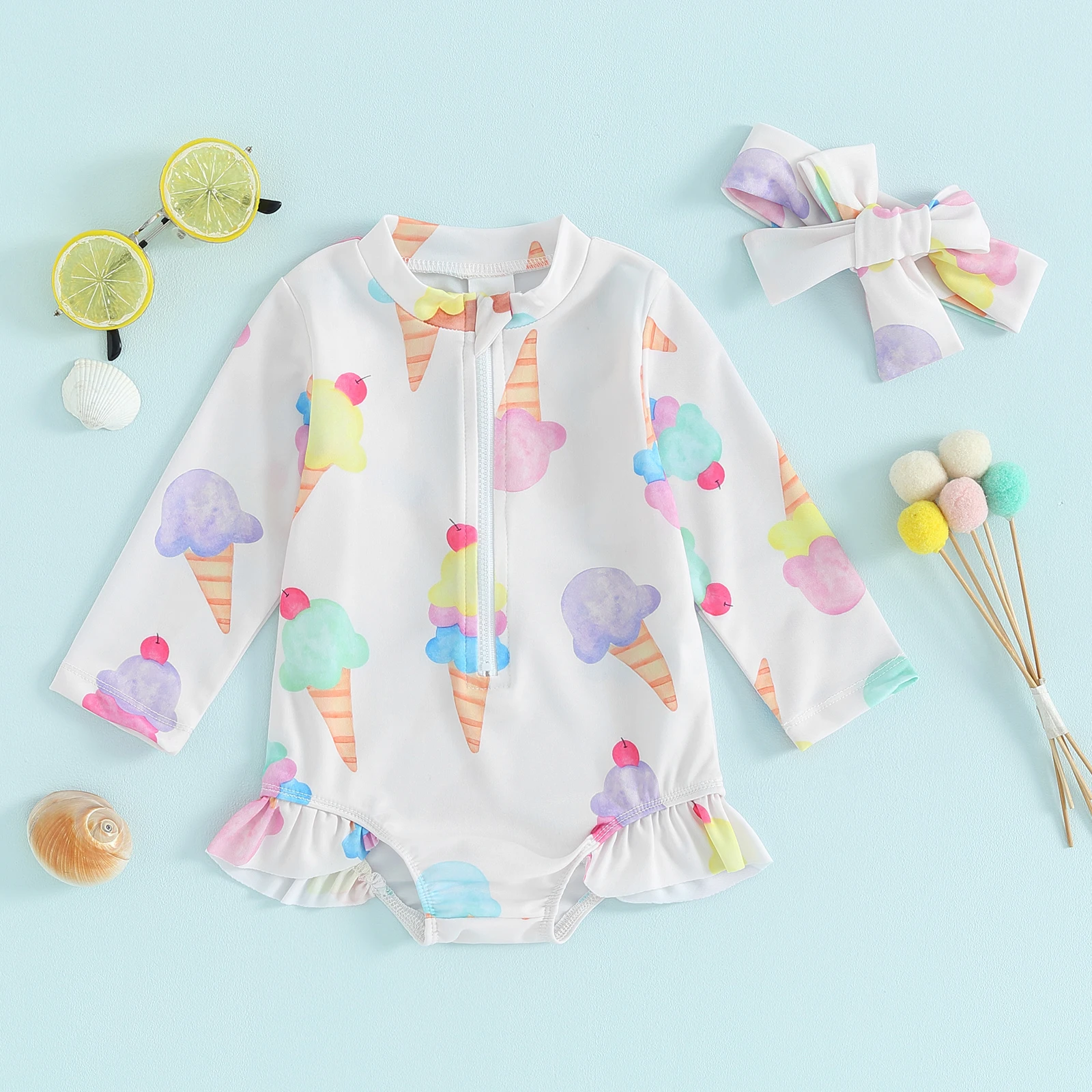 Infant Baby Girls Beach Swimwear Lovely Floral/Ice Cream Print Long Sleeve O-Neck Zip Up Ruffled Bathing Suit Toddlers Bikini