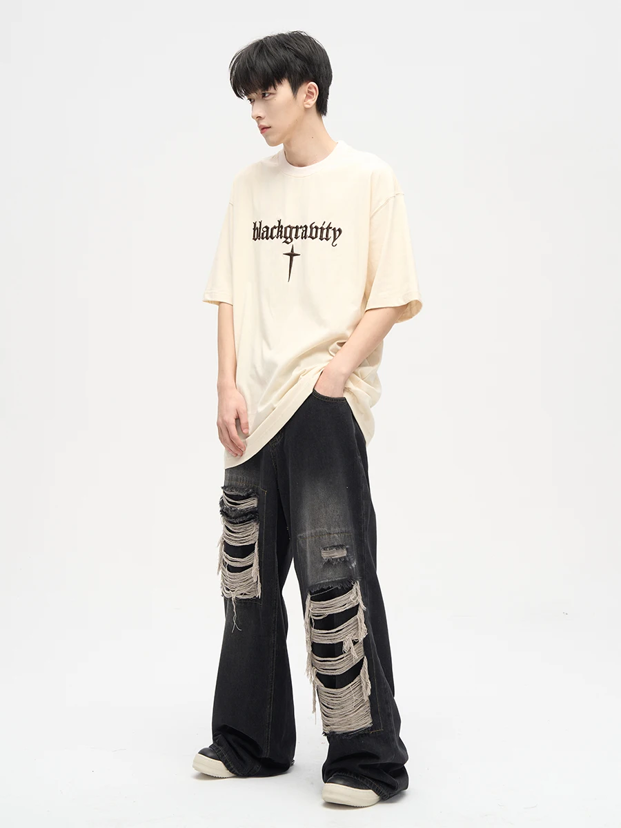 Patch Damaged Design Sense Niche Jeans Men Streetwear Ripped Jeans  