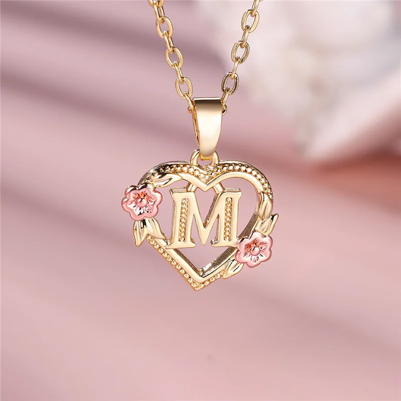 Female A-Z Letter Flower Pendant Necklace Yellow Gold